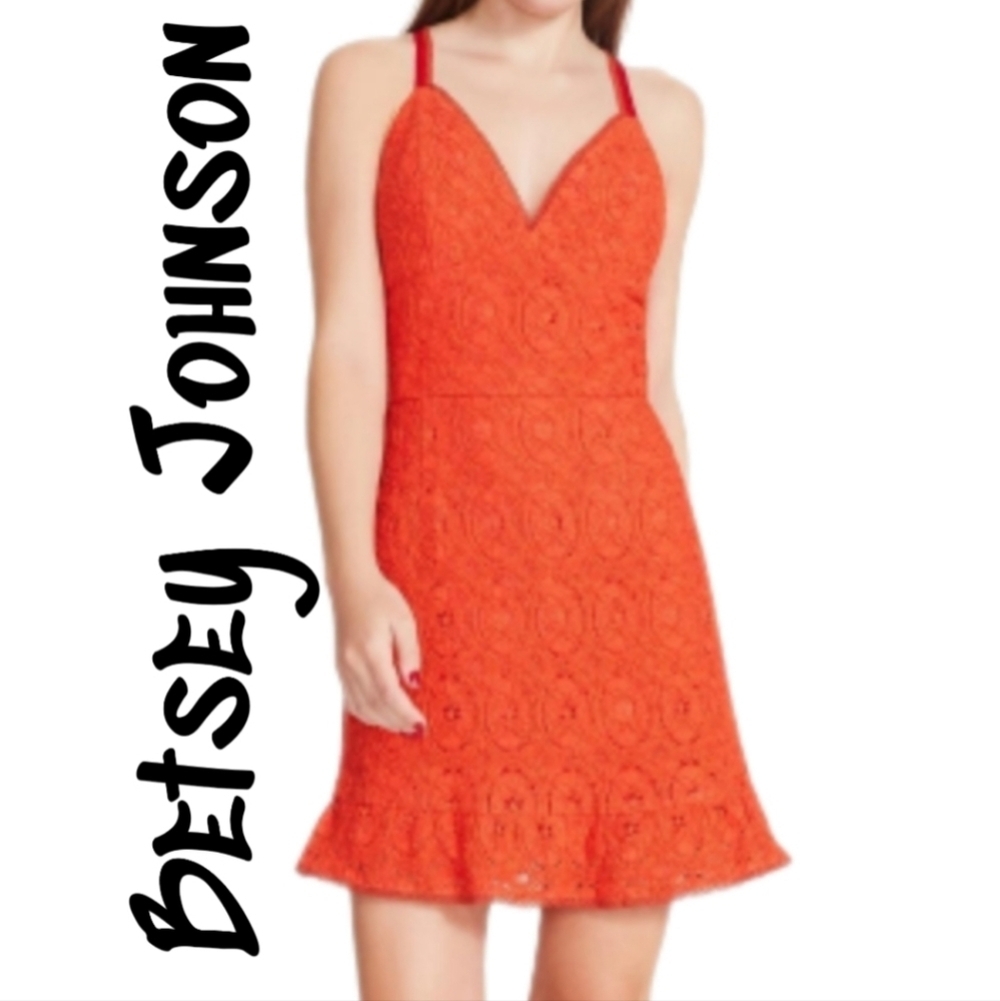 Betsey Johnson Womens Orange Lace Fit Flare Dress Sz S Side Zip Boho Festive